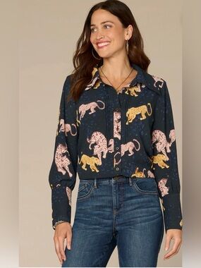 Democracy M Navy Long French Cuff Band Sleeve Button Down Animal Print Woven Top